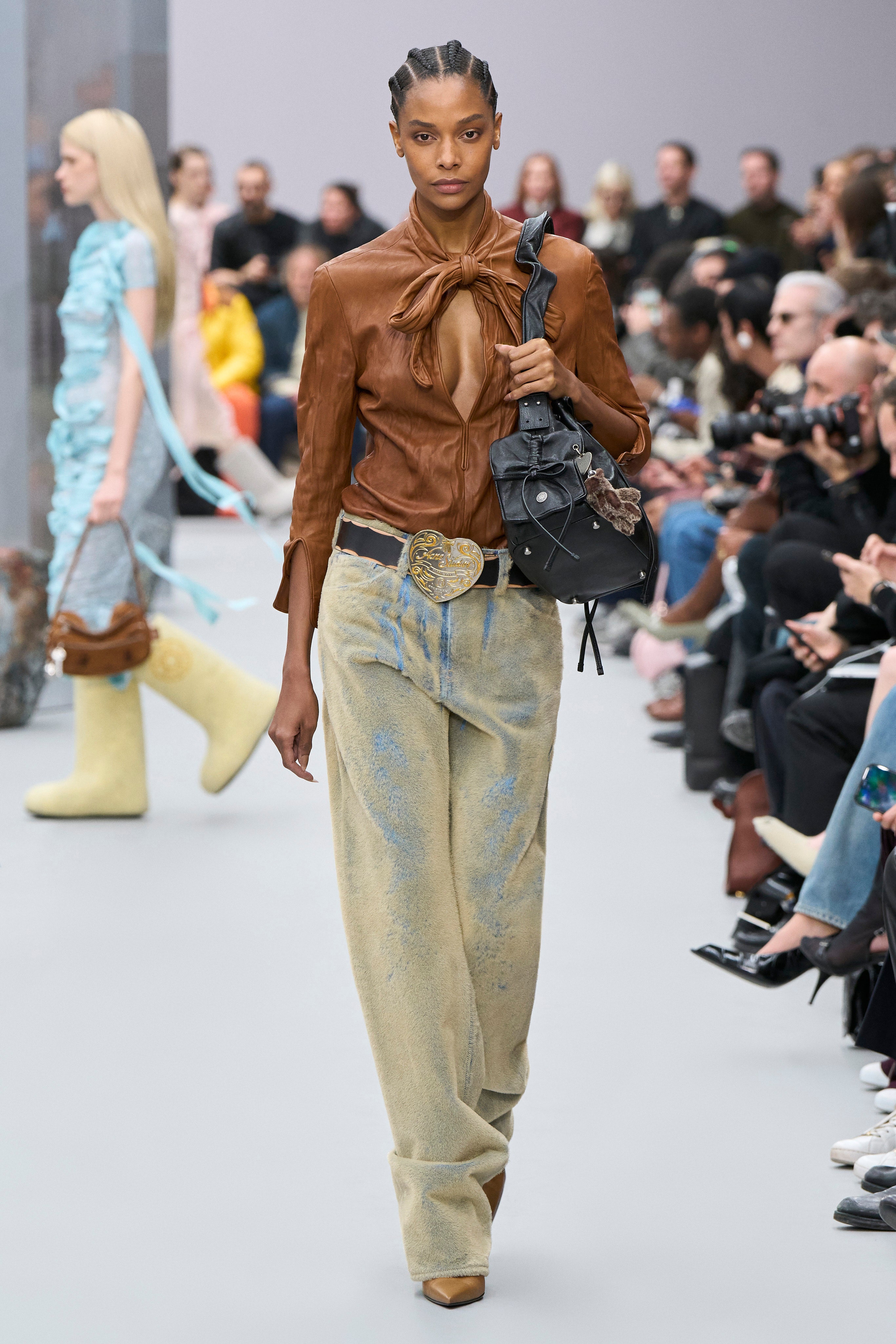 Fashion model in olive green outfit